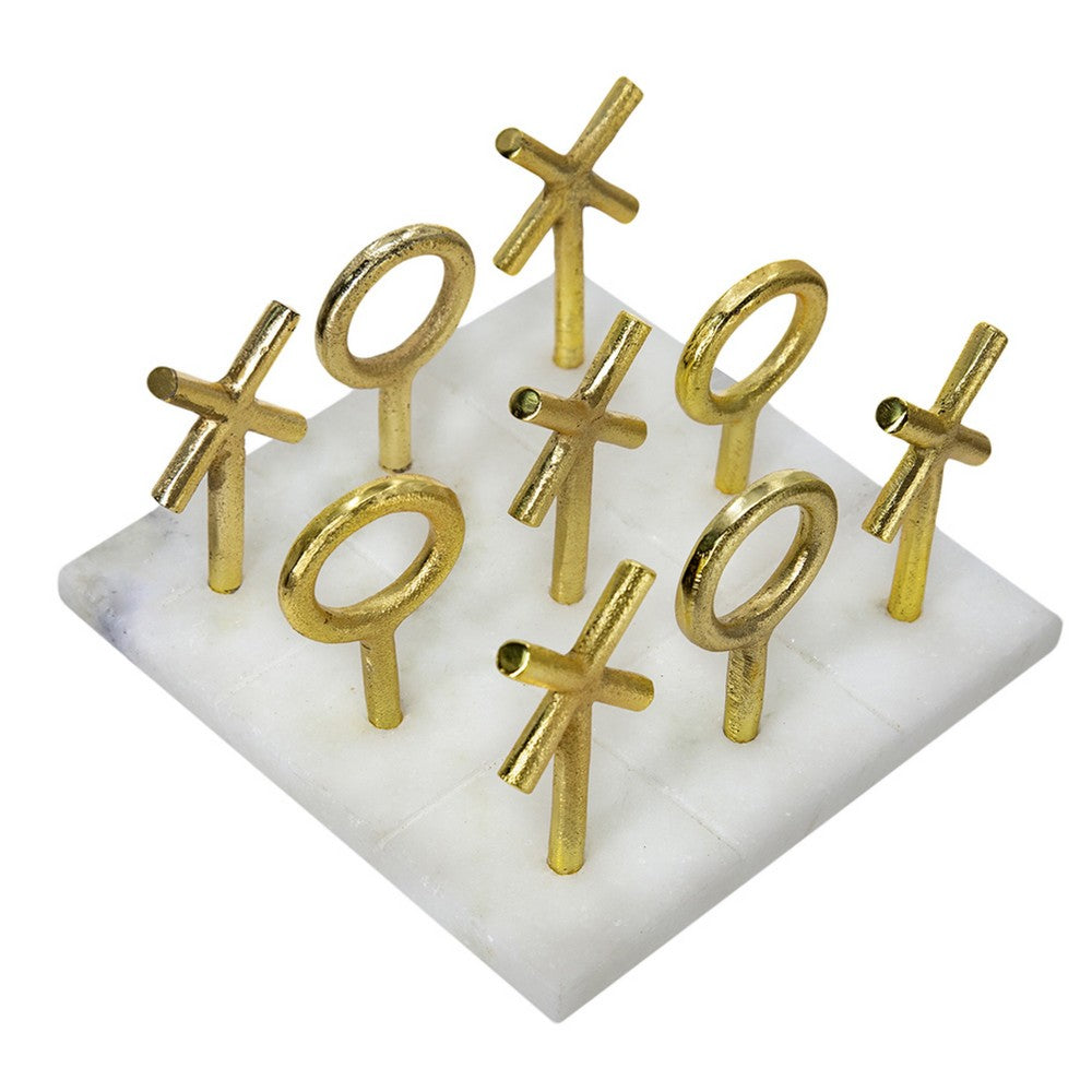 Tic Tac Toe Game Set | 7" Gold Iron Decor | Luxe White Banswara Marble