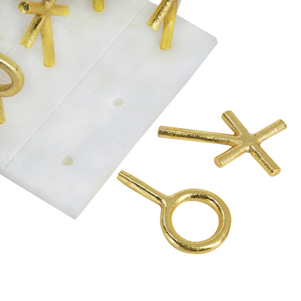 Tic Tac Toe Game Set | 7" Gold Iron Decor | Luxe White Banswara Marble