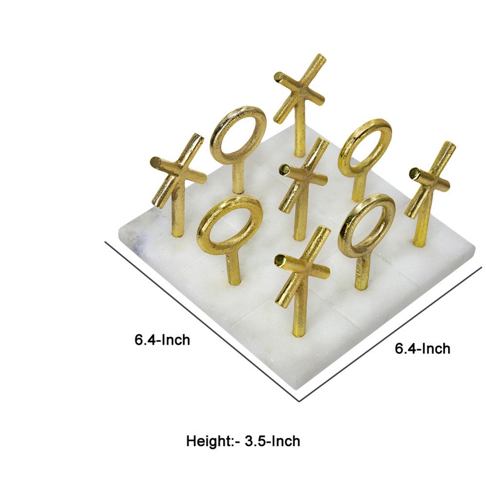 Tic Tac Toe Game Set | 7" Gold Iron Decor | Luxe White Banswara Marble