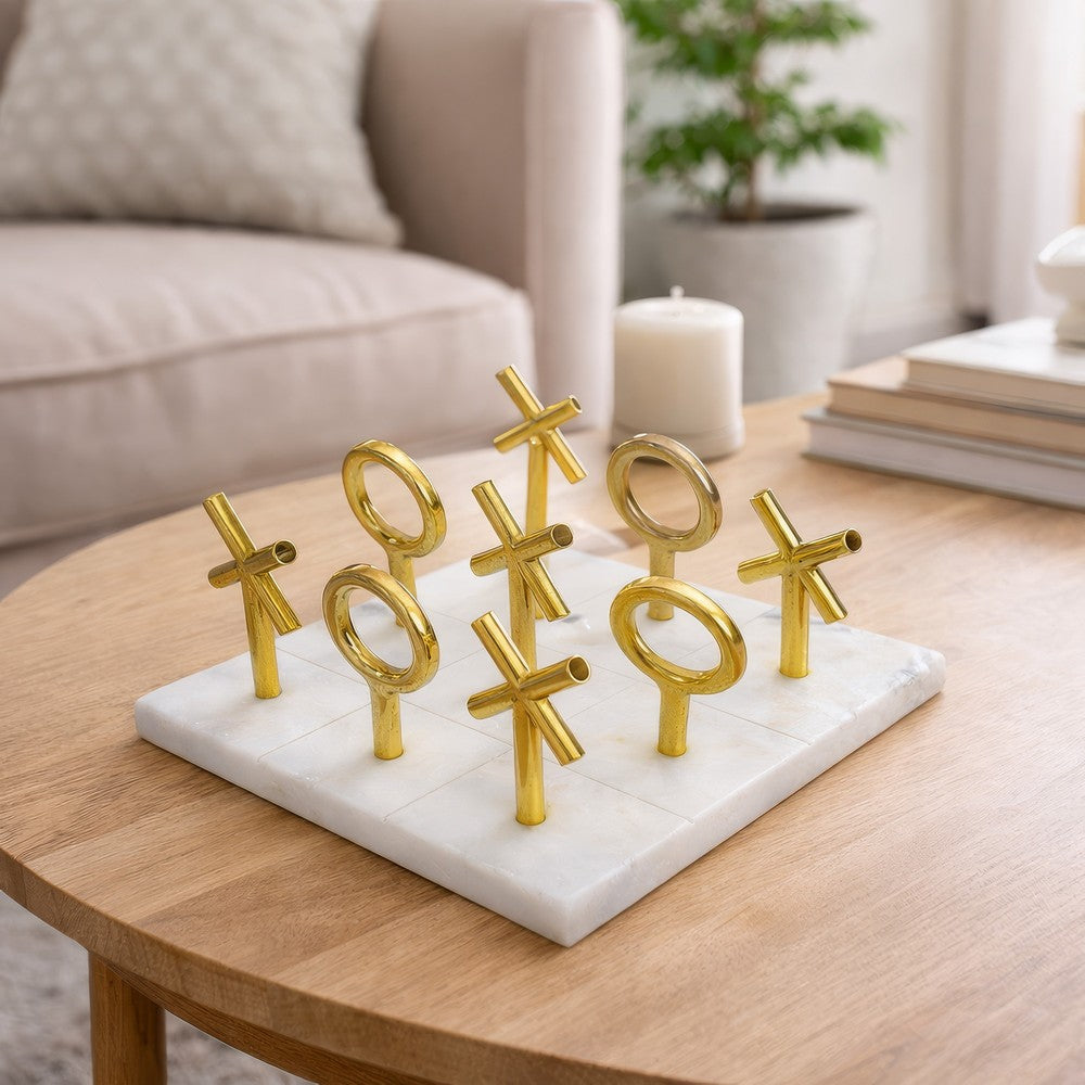 Tic Tac Toe Game Set | 7" Gold Iron Decor | Luxe White Banswara Marble