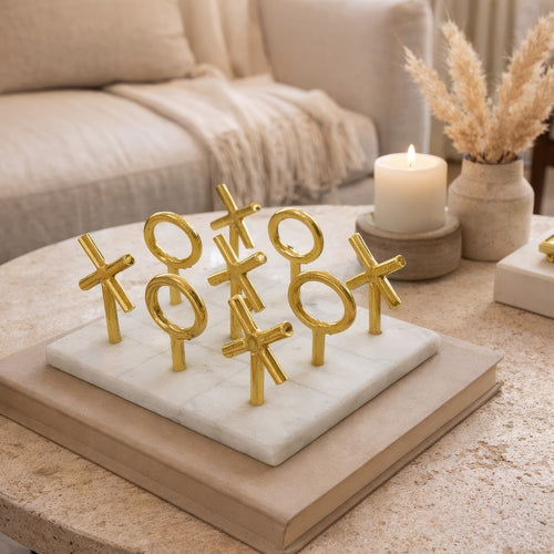 Tic Tac Toe Game Set | 7" Gold Iron Decor | Luxe White Banswara Marble
