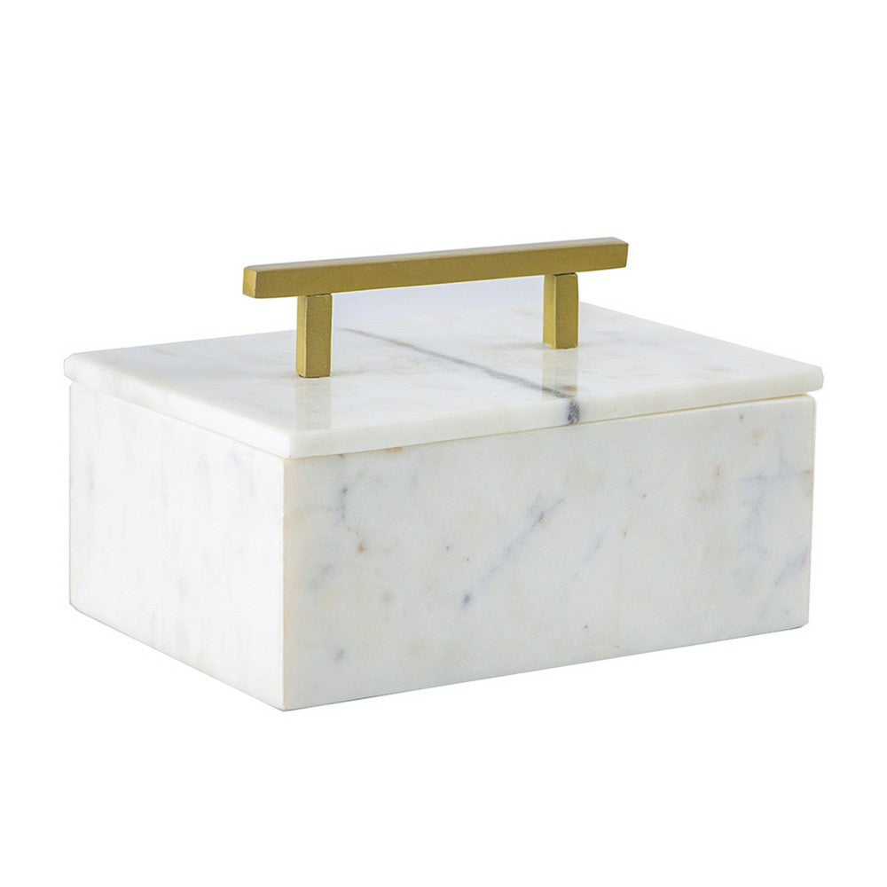 Decorative Storage Box | Gold Brass Handle | 7" Luxe White Marble