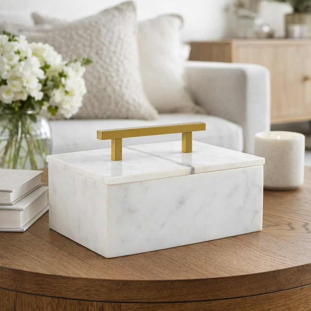 Decorative Storage Box | Gold Brass Handle | 7" Luxe White Marble