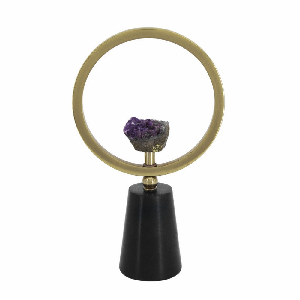 Decorative Ring Sculpture | Purple Amethyst Stone | 12" Gold Black