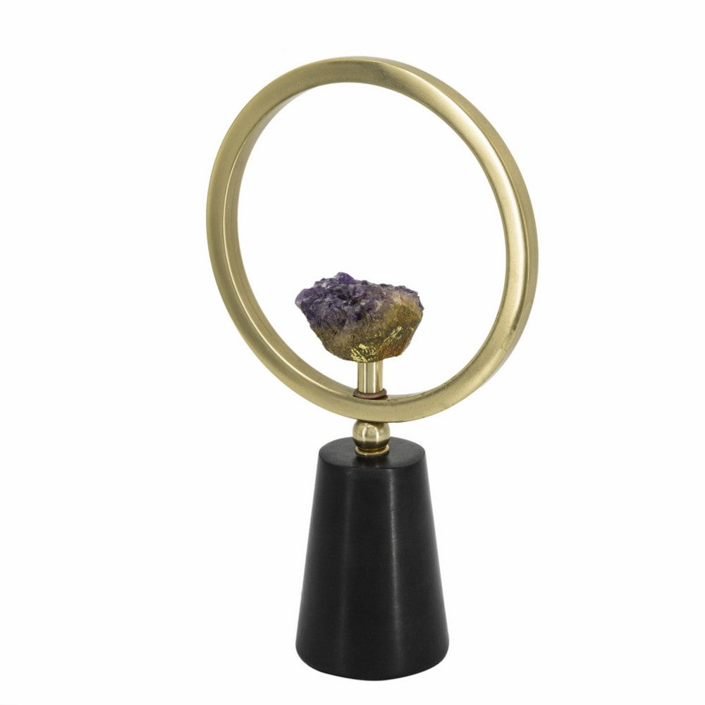 Decorative Ring Sculpture | Purple Amethyst Stone | 12" Gold Black