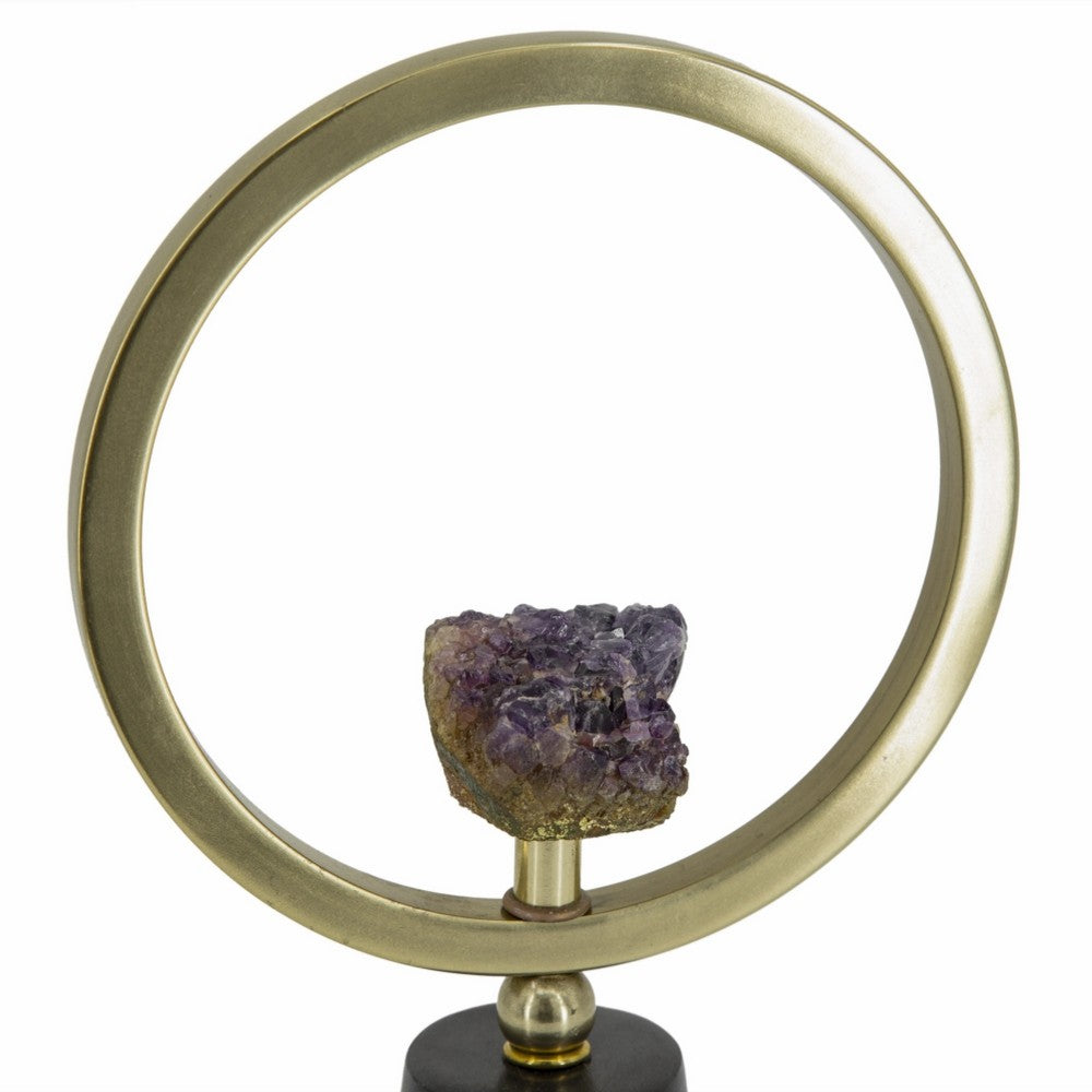 Decorative Ring Sculpture | Purple Amethyst Stone | 12" Gold Black