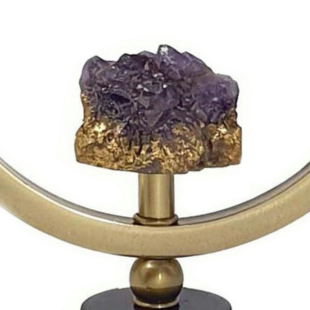 Decorative Ring Sculpture | Purple Amethyst Stone | 12" Gold Black