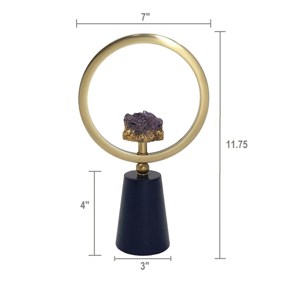 Decorative Ring Sculpture | Purple Amethyst Stone | 12" Gold Black