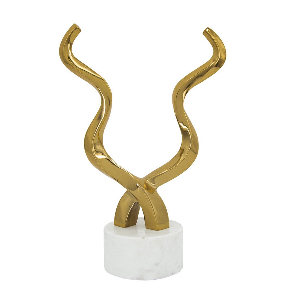 Decorative Horn Sculpture | 15" Gold | Contemporary White Marble Base