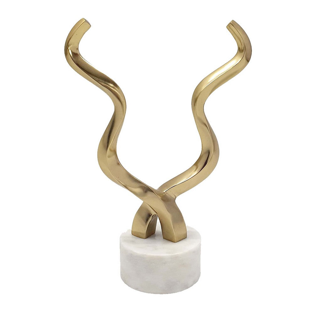Decorative Horn Sculpture | 15" Gold | Contemporary White Marble Base