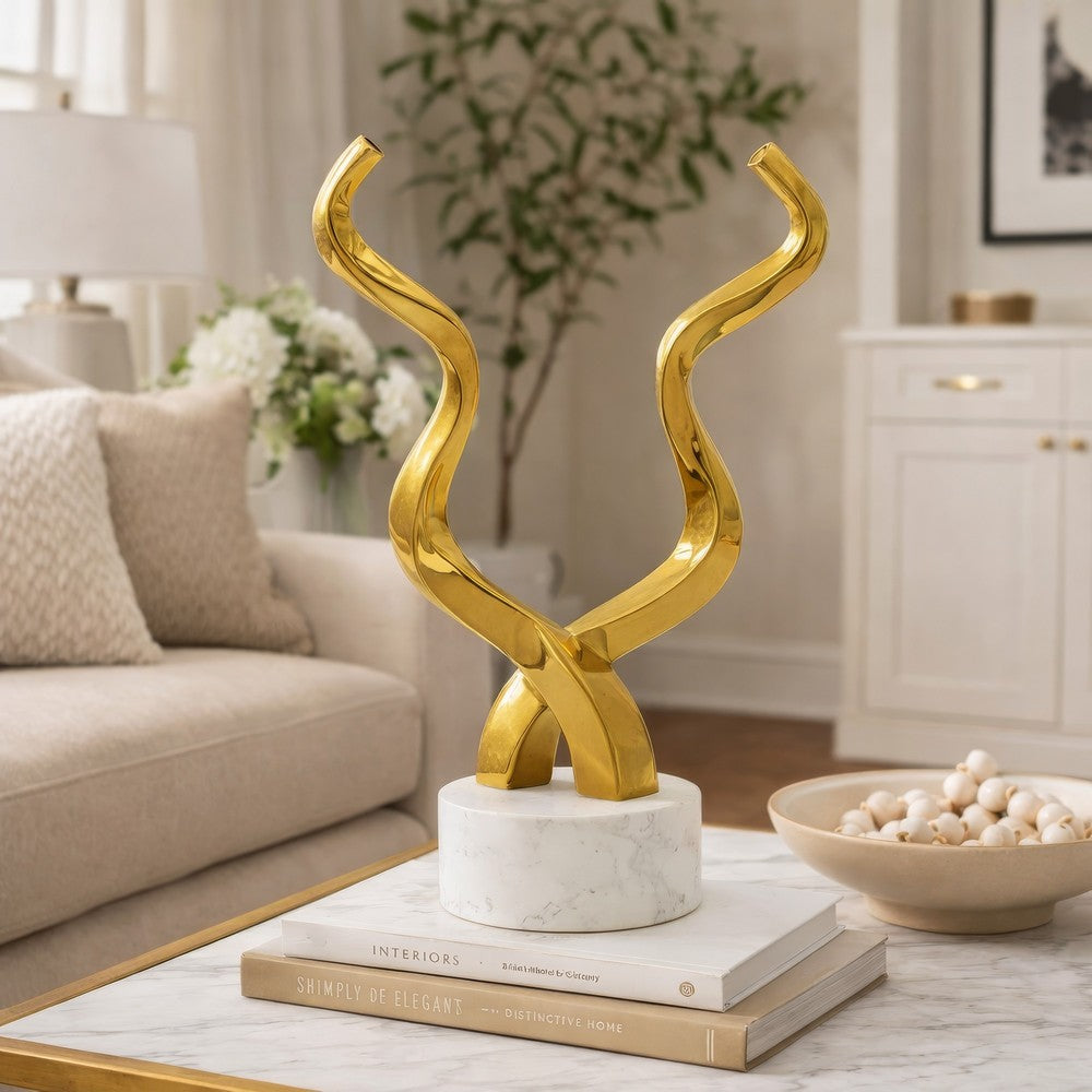 Decorative Horn Sculpture | 15" Gold | Contemporary White Marble Base