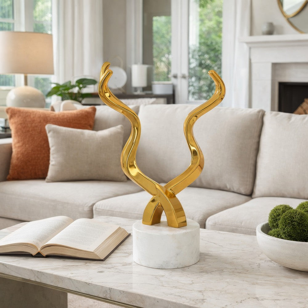 Decorative Horn Sculpture | 15" Gold | Contemporary White Marble Base