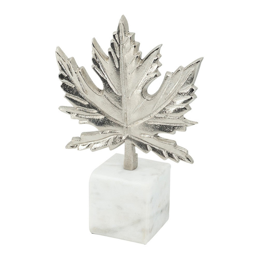 Decorative Maple Leaf Sculpture | 11" Silver Aluminum | White Marble