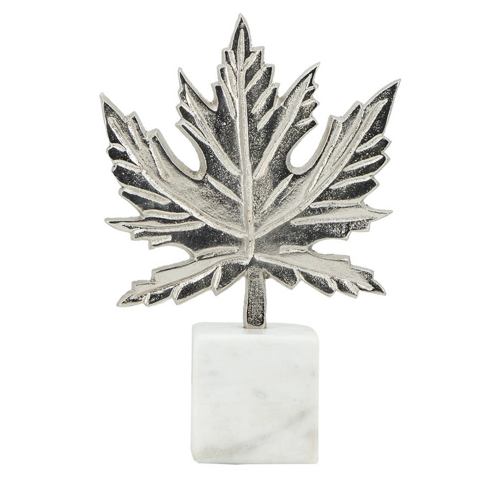 Decorative Maple Leaf Sculpture | 11" Silver Aluminum | White Marble