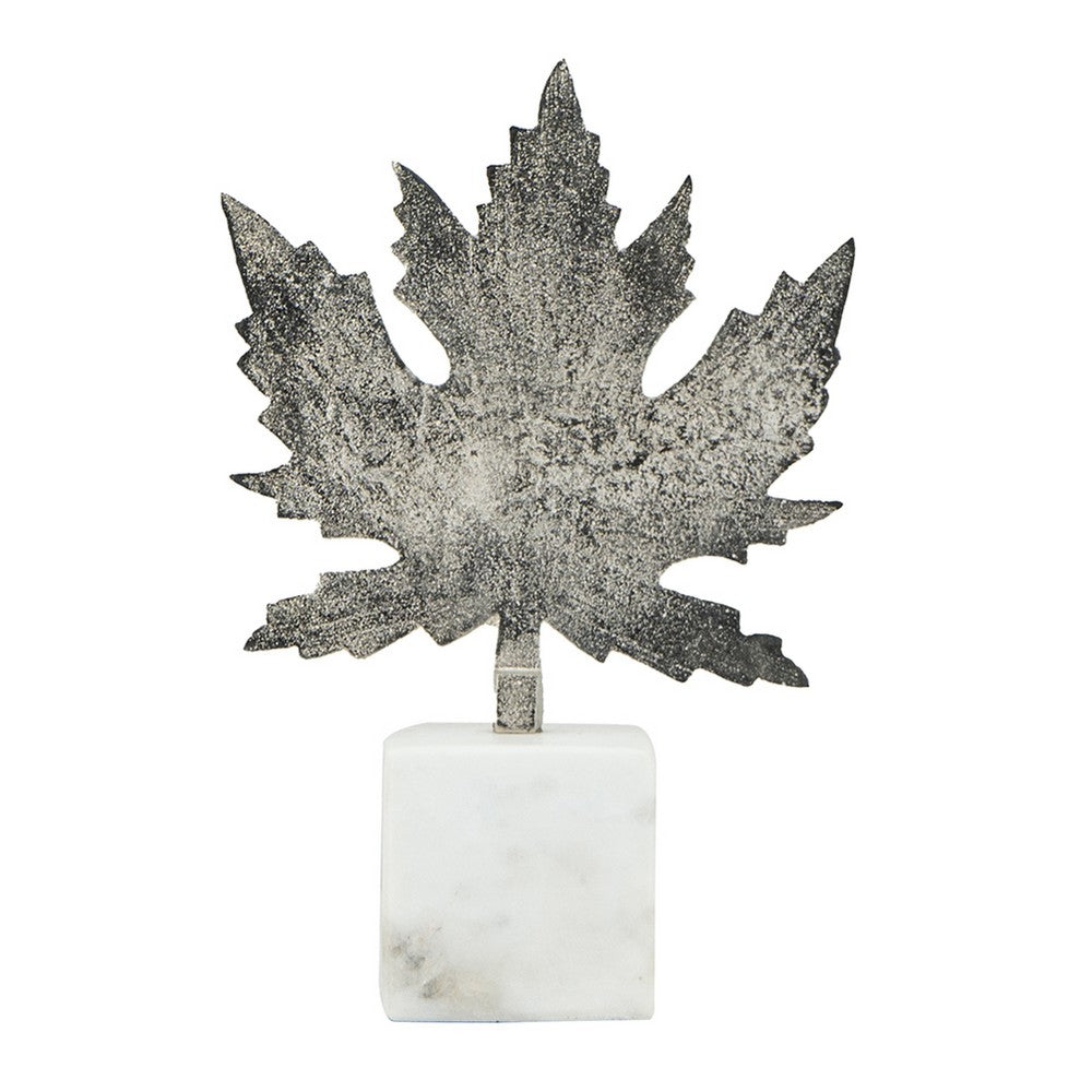 Decorative Maple Leaf Sculpture | 11" Silver Aluminum | White Marble