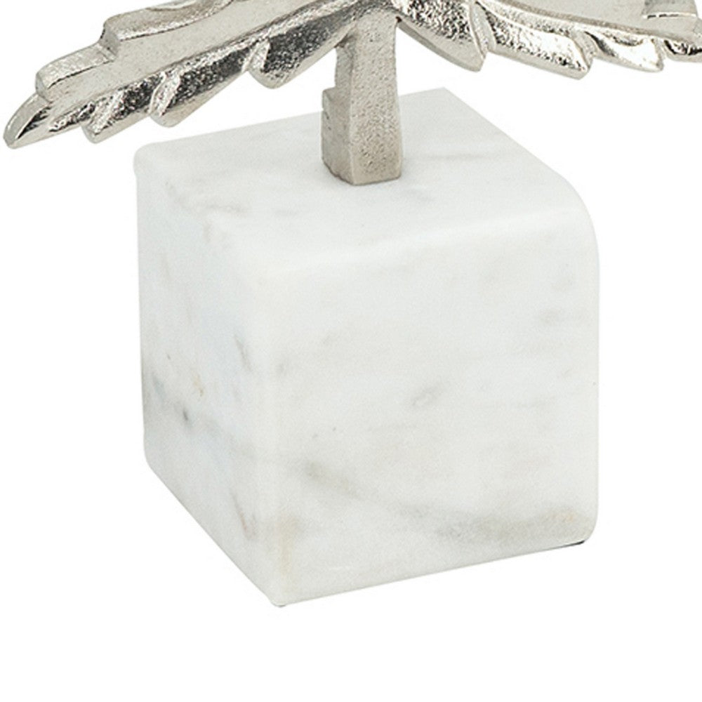 Decorative Maple Leaf Sculpture | 11" Silver Aluminum | White Marble