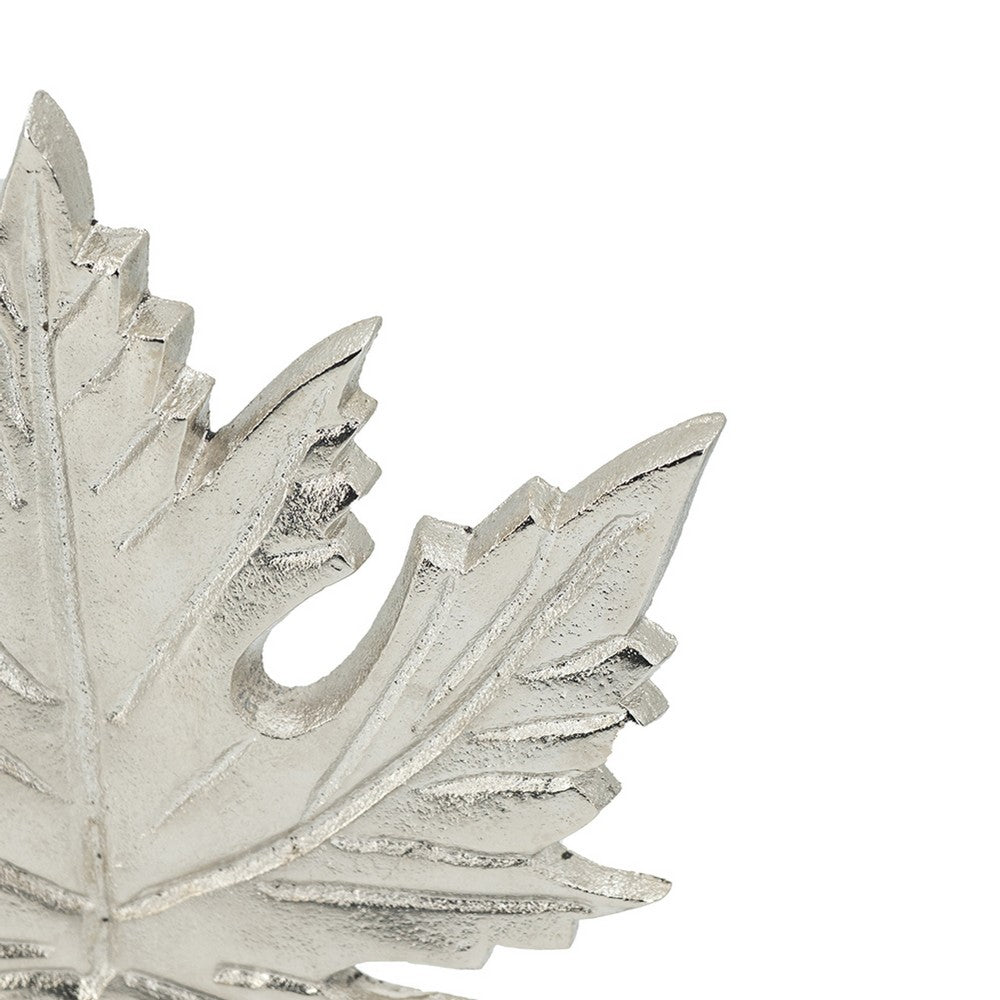 Decorative Maple Leaf Sculpture | 11" Silver Aluminum | White Marble