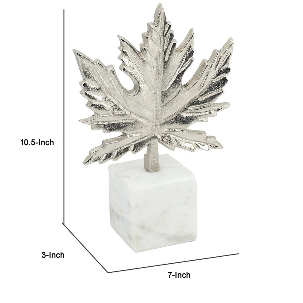 Decorative Maple Leaf Sculpture | 11" Silver Aluminum | White Marble