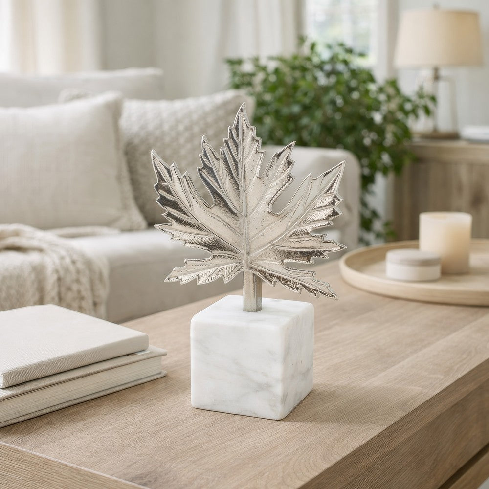 Decorative Maple Leaf Sculpture | 11" Silver Aluminum | White Marble