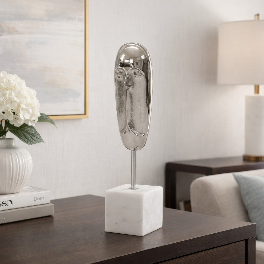 Decorative Face Sculpture | 13" Silver | Contemporary White Marble