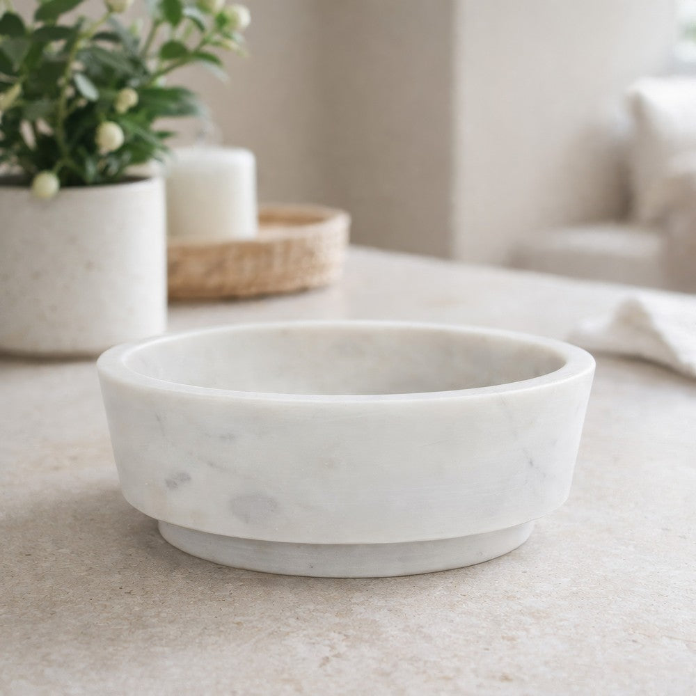 Decorative Accessory Bowl with Raised Edges | 7" Round | White Marble