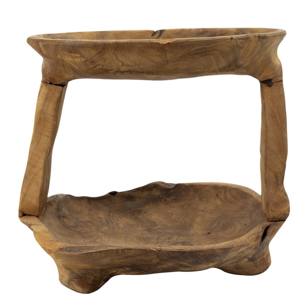 Rustic 2 Tier Decorative Tray | 12" Live Edges | Natural Teak Root Wood