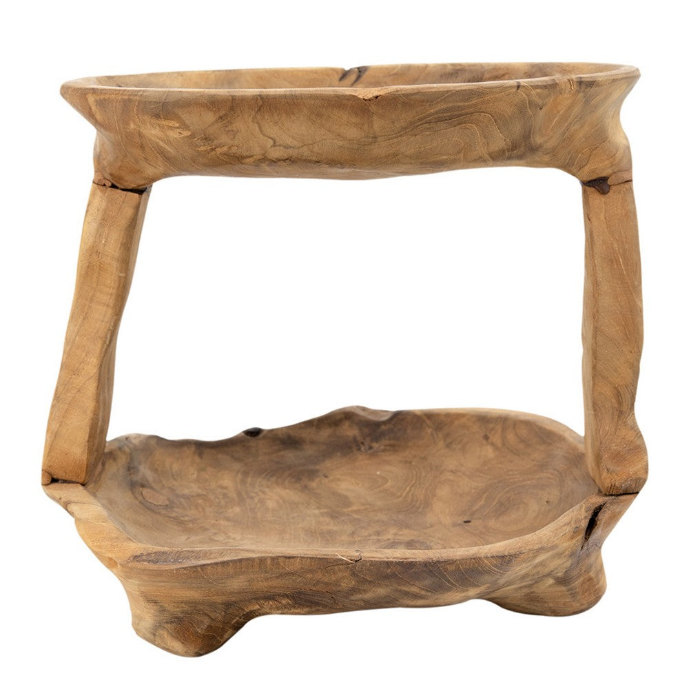 Rustic 2 Tier Decorative Tray | 12" Live Edges | Natural Teak Root Wood
