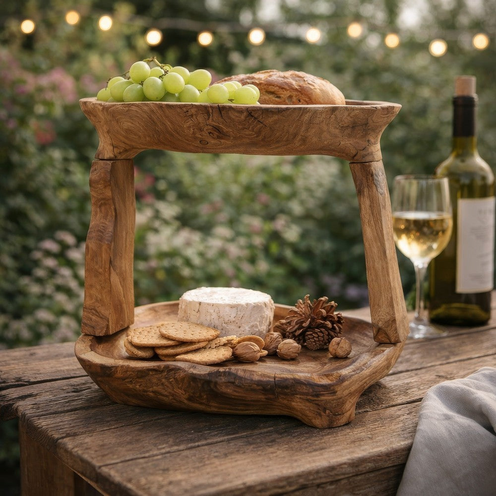 Rustic 2 Tier Decorative Tray | 12" Live Edges | Natural Teak Root Wood