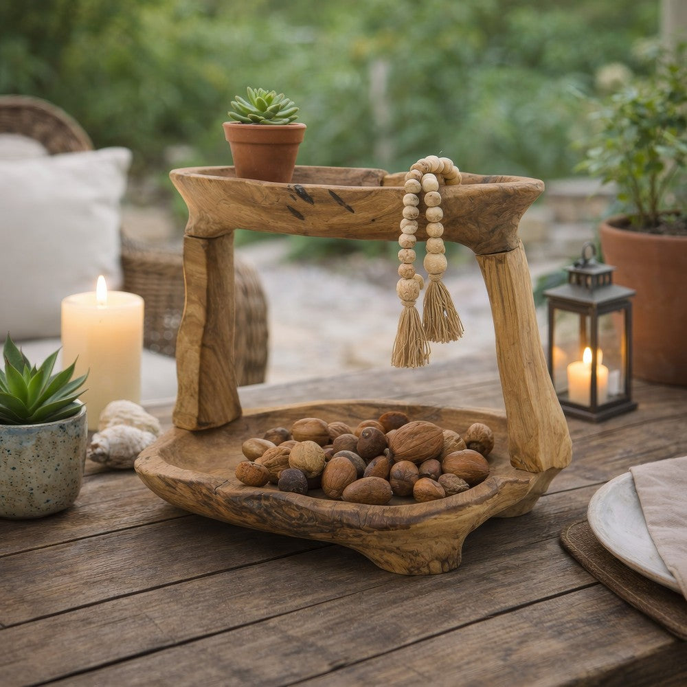 Rustic 2 Tier Decorative Tray | 12" Live Edges | Natural Teak Root Wood
