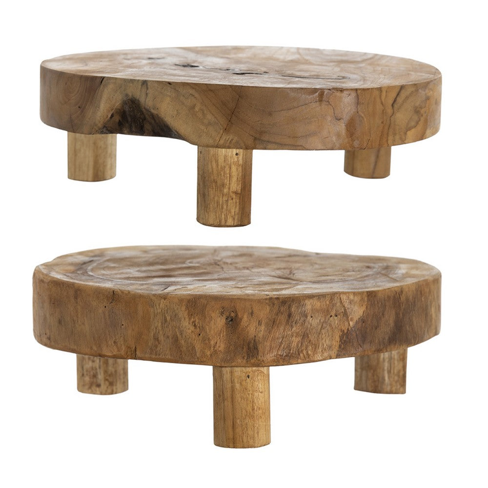 Wood Decorative Footed Trays Set of 2 | Sculpted Natural Brown Teak Root