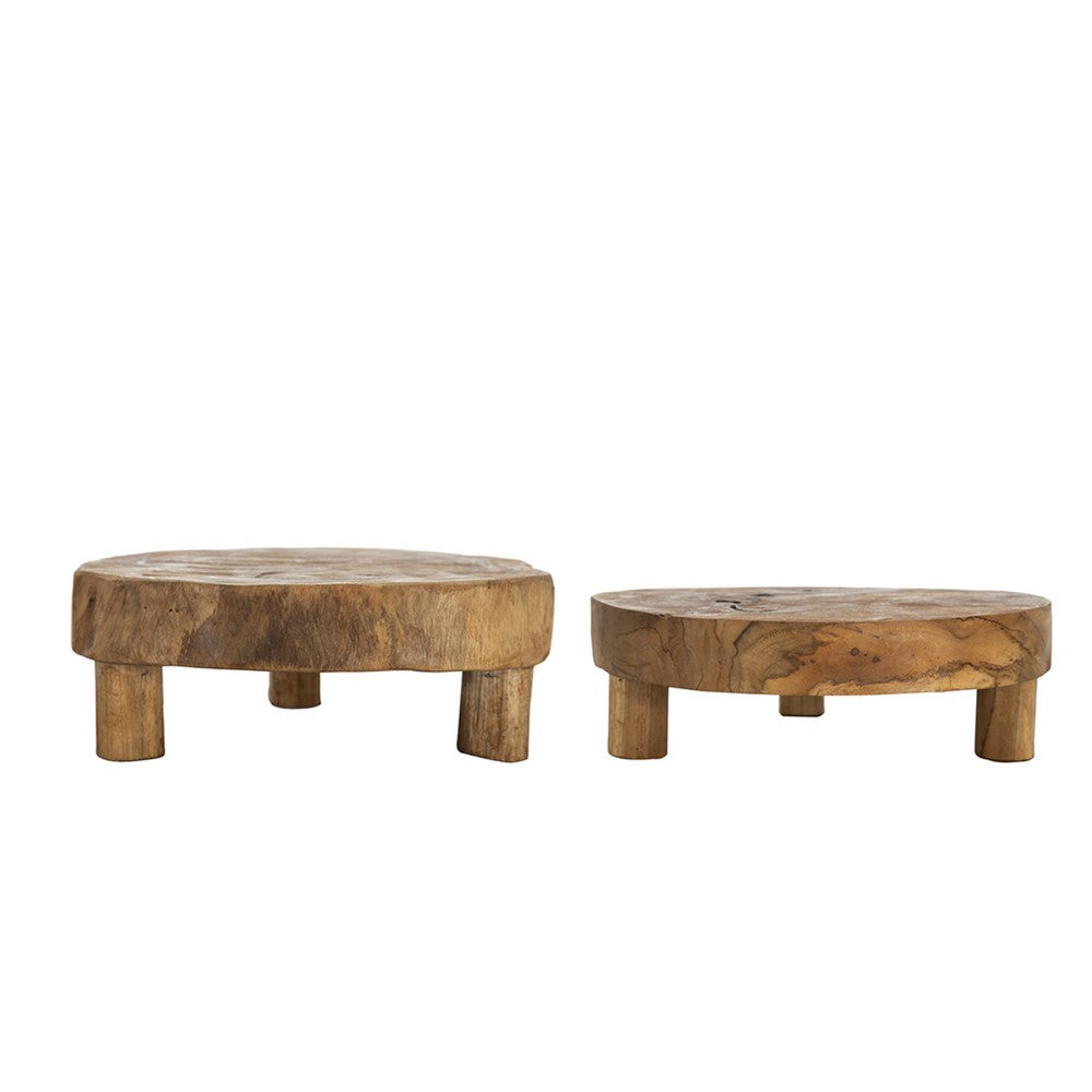 Wood Decorative Footed Trays Set of 2 | Sculpted Natural Brown Teak Root