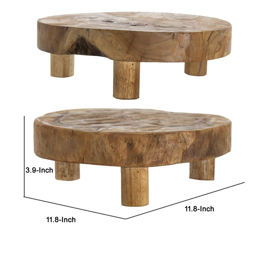 Wood Decorative Footed Trays Set of 2 | Sculpted Natural Brown Teak Root
