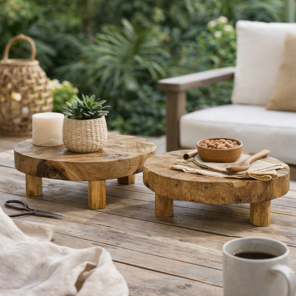 Wood Decorative Footed Trays Set of 2 | Sculpted Natural Brown Teak Root