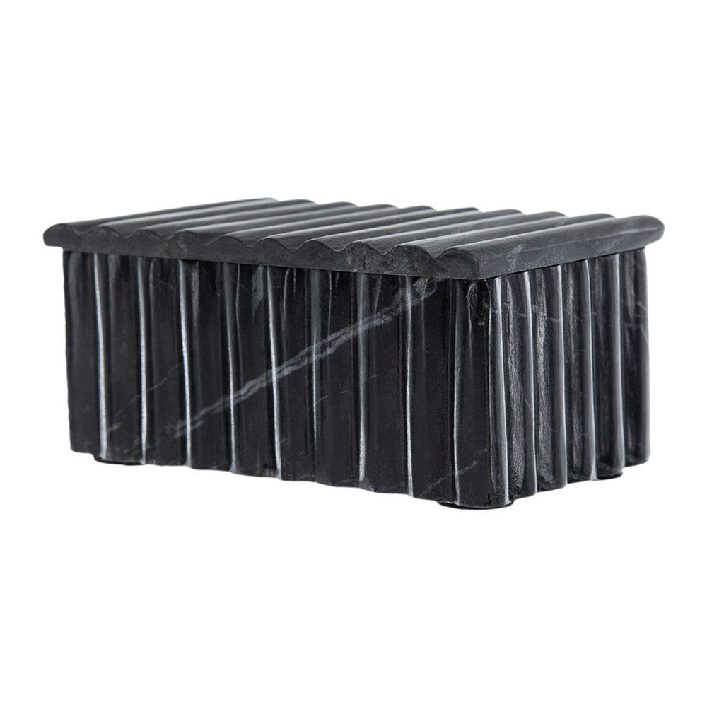 Decorative Storage Box with Lid | 7" Fluted Carvings | Black Marble