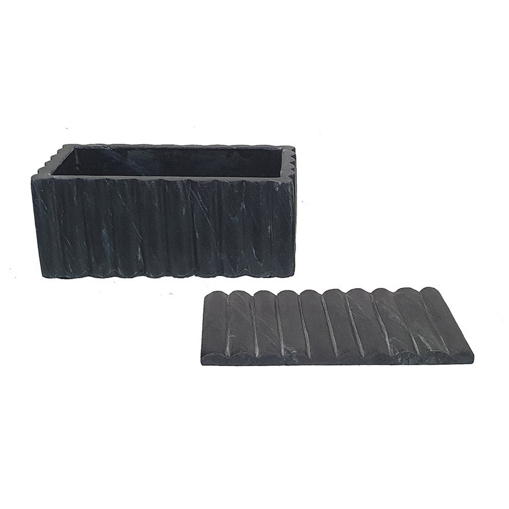 Decorative Storage Box with Lid | 7" Fluted Carvings | Black Marble
