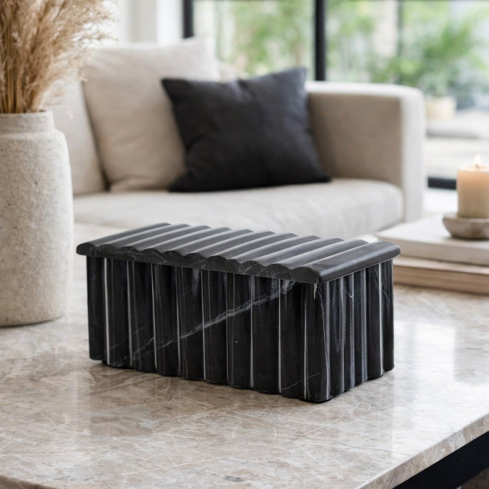 Decorative Storage Box with Lid | 7" Fluted Carvings | Black Marble