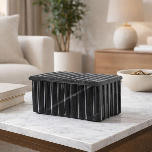 Decorative Storage Box with Lid | 7" Fluted Carvings | Black Marble