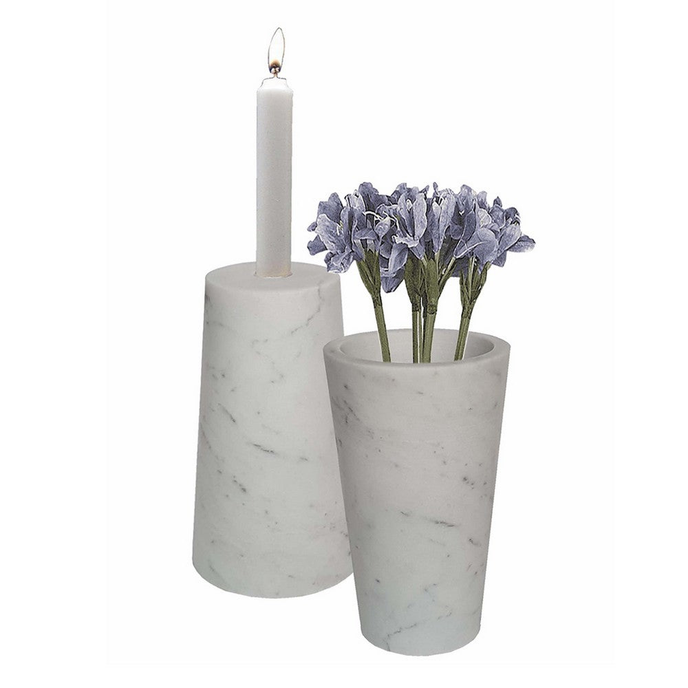 2 in 1 Tapered Candle Holder Flower Vase | 7" Modern White Marble