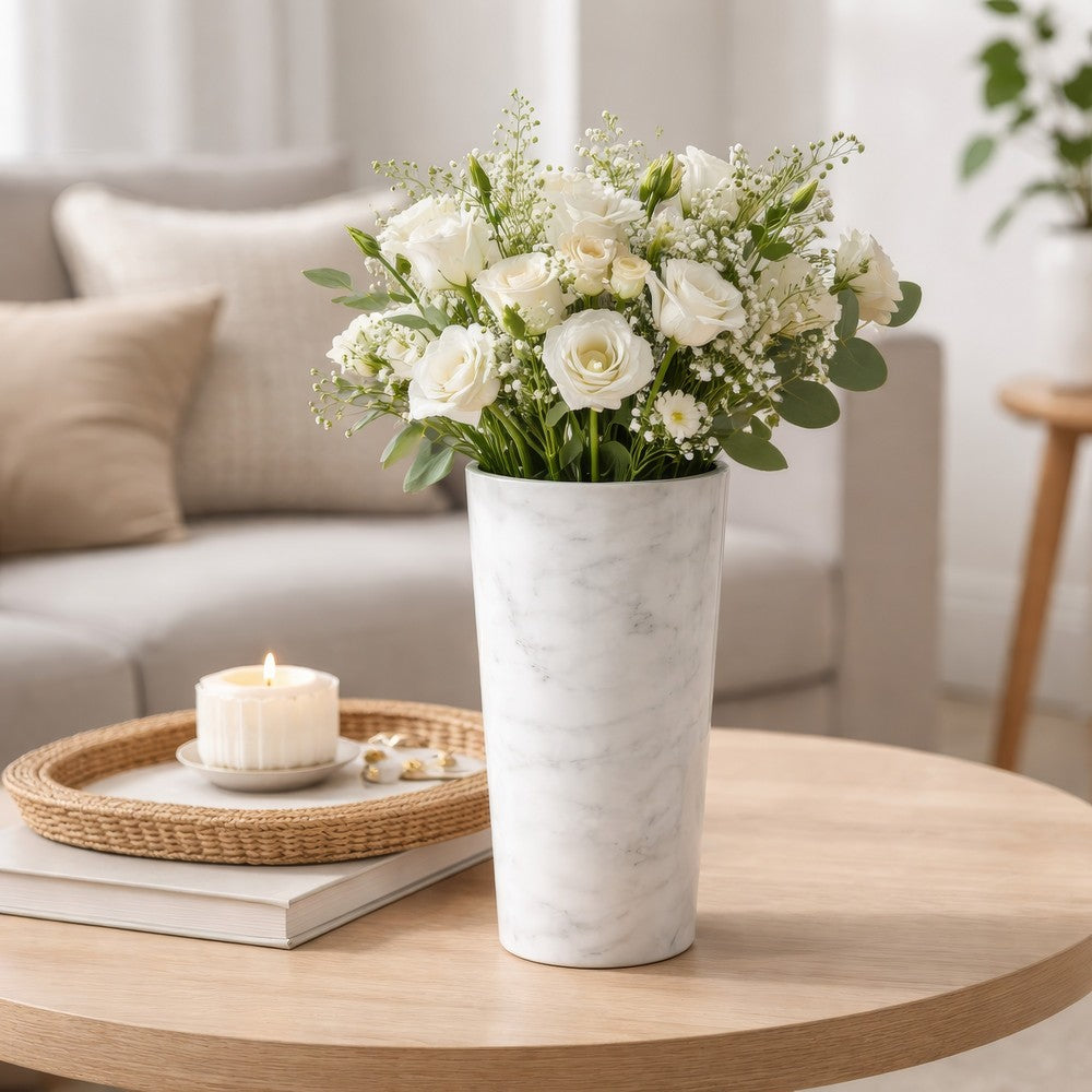 2 in 1 Tapered Candle Holder Flower Vase | 7" Modern White Marble
