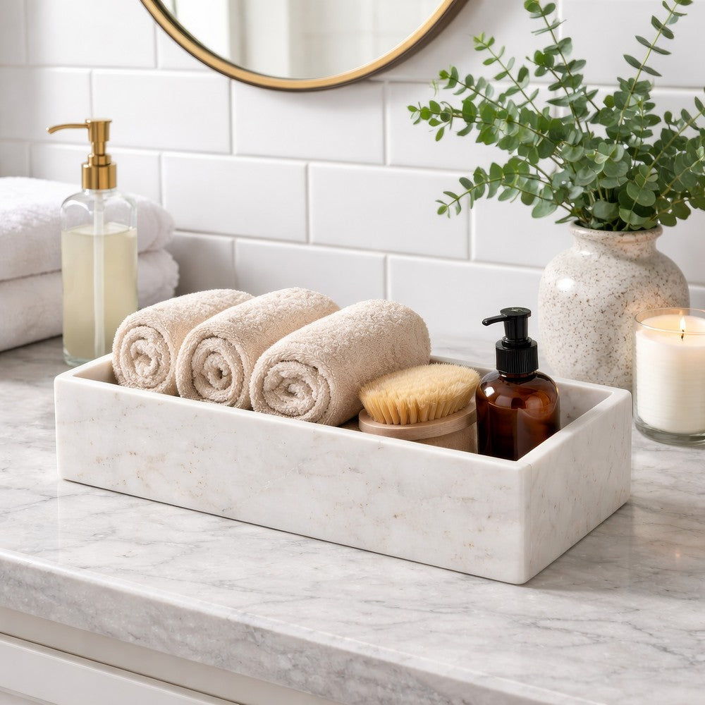 Decorative Tray with Tall Raised Edges | 15" Rectangular White Marble
