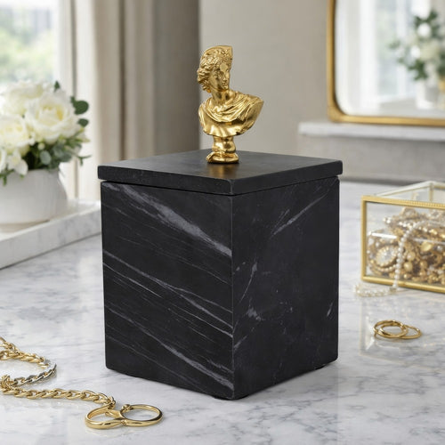 Jemi Decorative Jewellery Box | Gold Bust Accent | 8" Black Marble