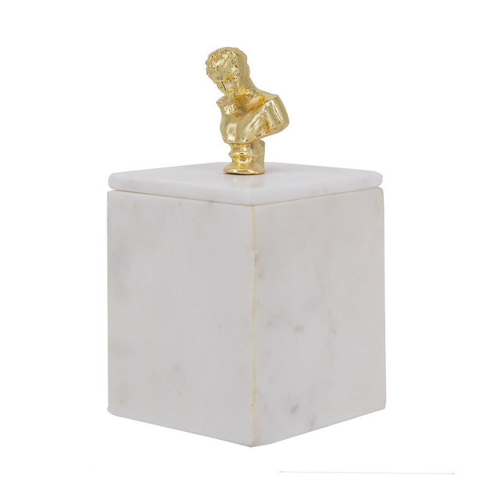Jemi Decorative Jewellery Box | Gold Bust Accent | 8" White Marble