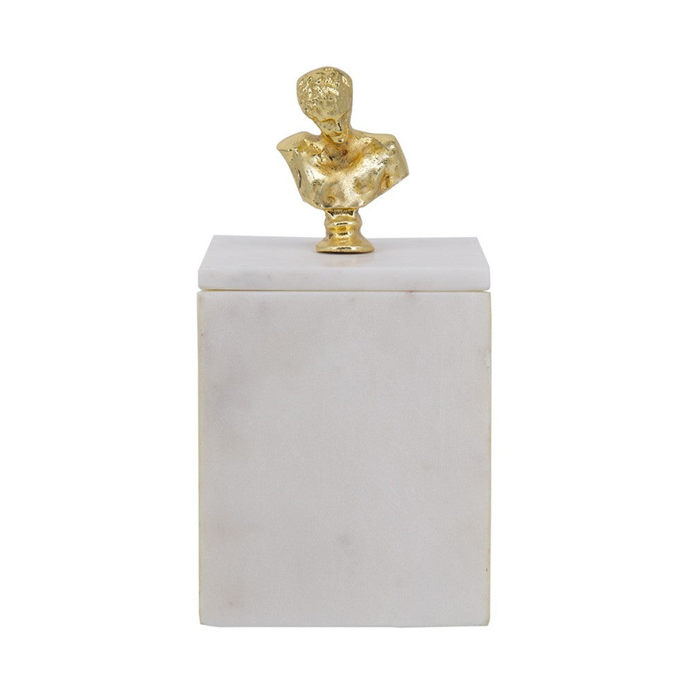 Jemi Decorative Jewellery Box | Gold Bust Accent | 8" White Marble
