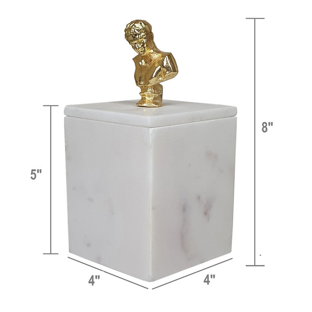 Jemi Decorative Jewellery Box | Gold Bust Accent | 8" White Marble