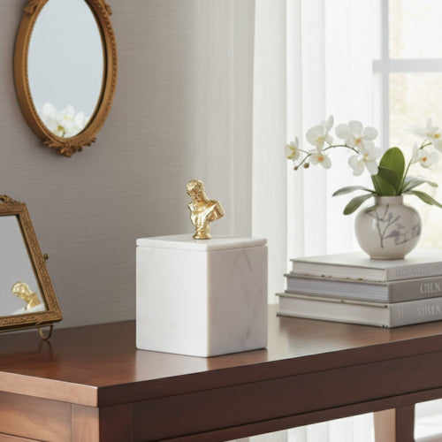 Jemi Decorative Jewellery Box | Gold Bust Accent | 8" White Marble