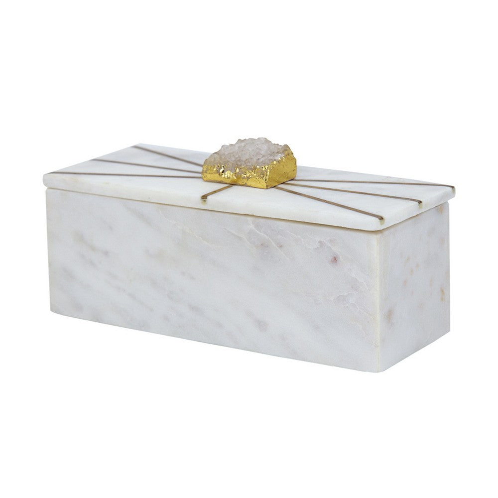 Decorative Storage Box with Gold Amethyst Handle | 8" White Marble
