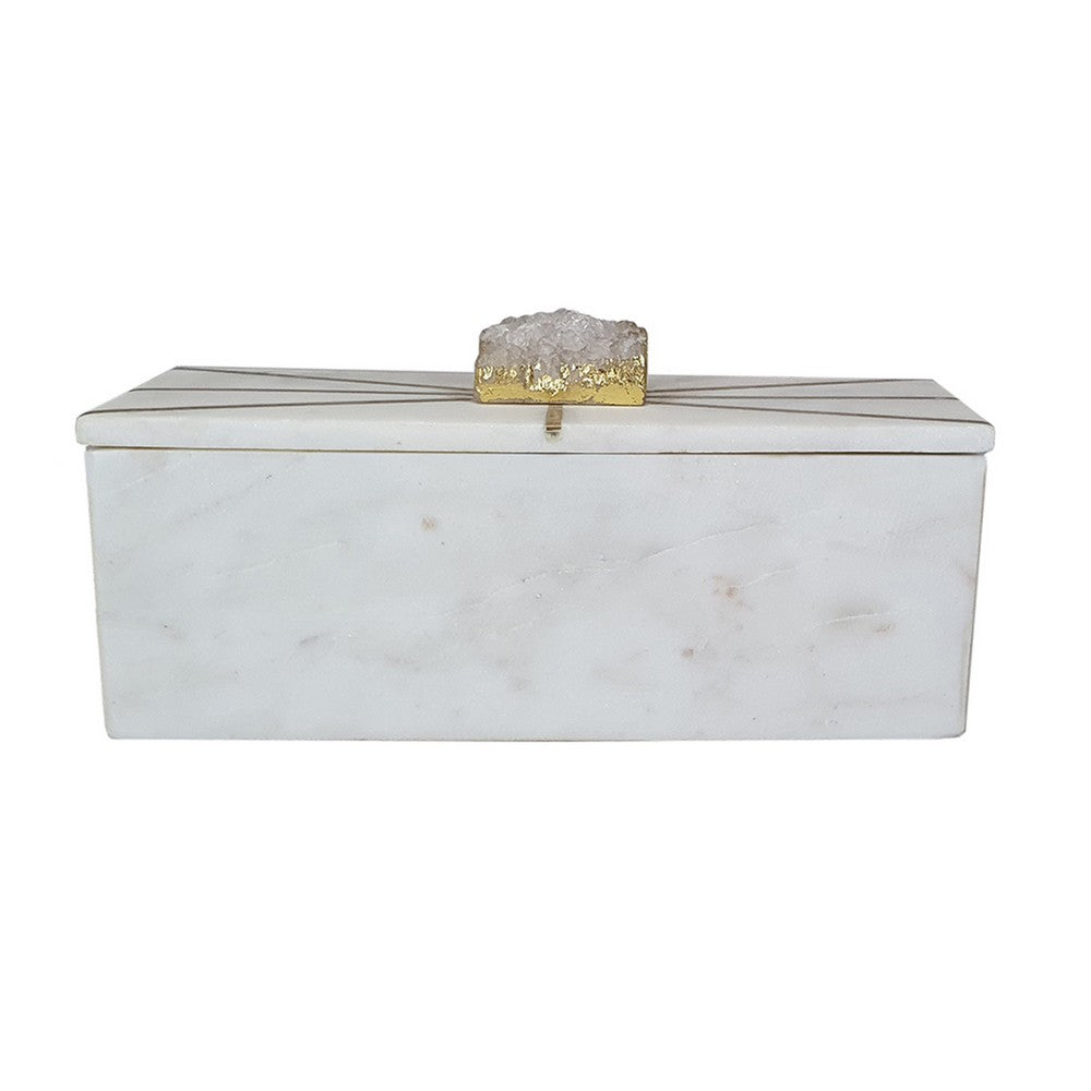 Decorative Storage Box with Gold Amethyst Handle | 8" White Marble