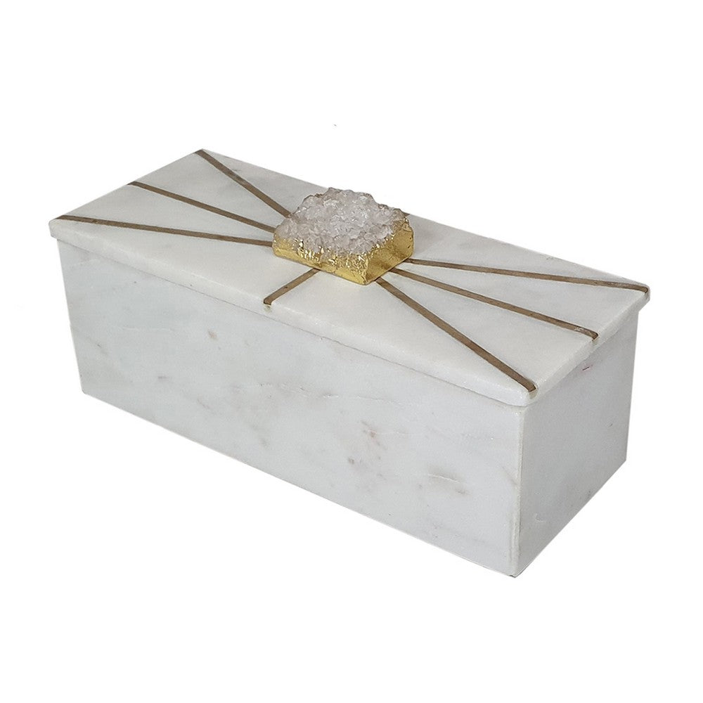 Decorative Storage Box with Gold Amethyst Handle | 8" White Marble