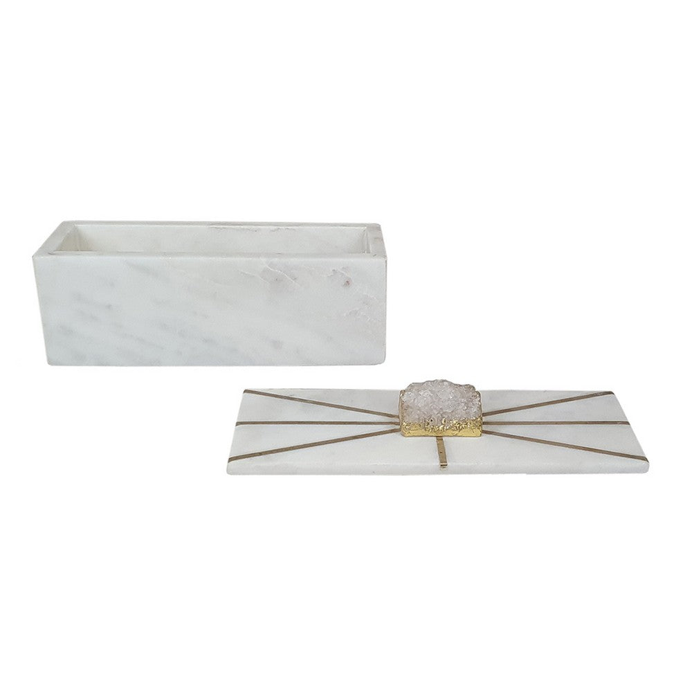 Decorative Storage Box with Gold Amethyst Handle | 8" White Marble