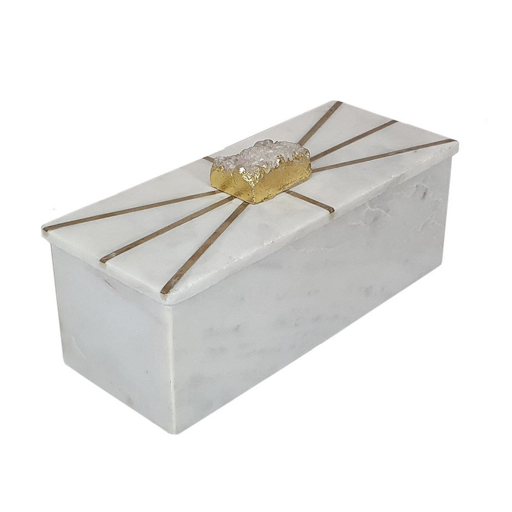 Decorative Storage Box with Gold Amethyst Handle | 8" White Marble
